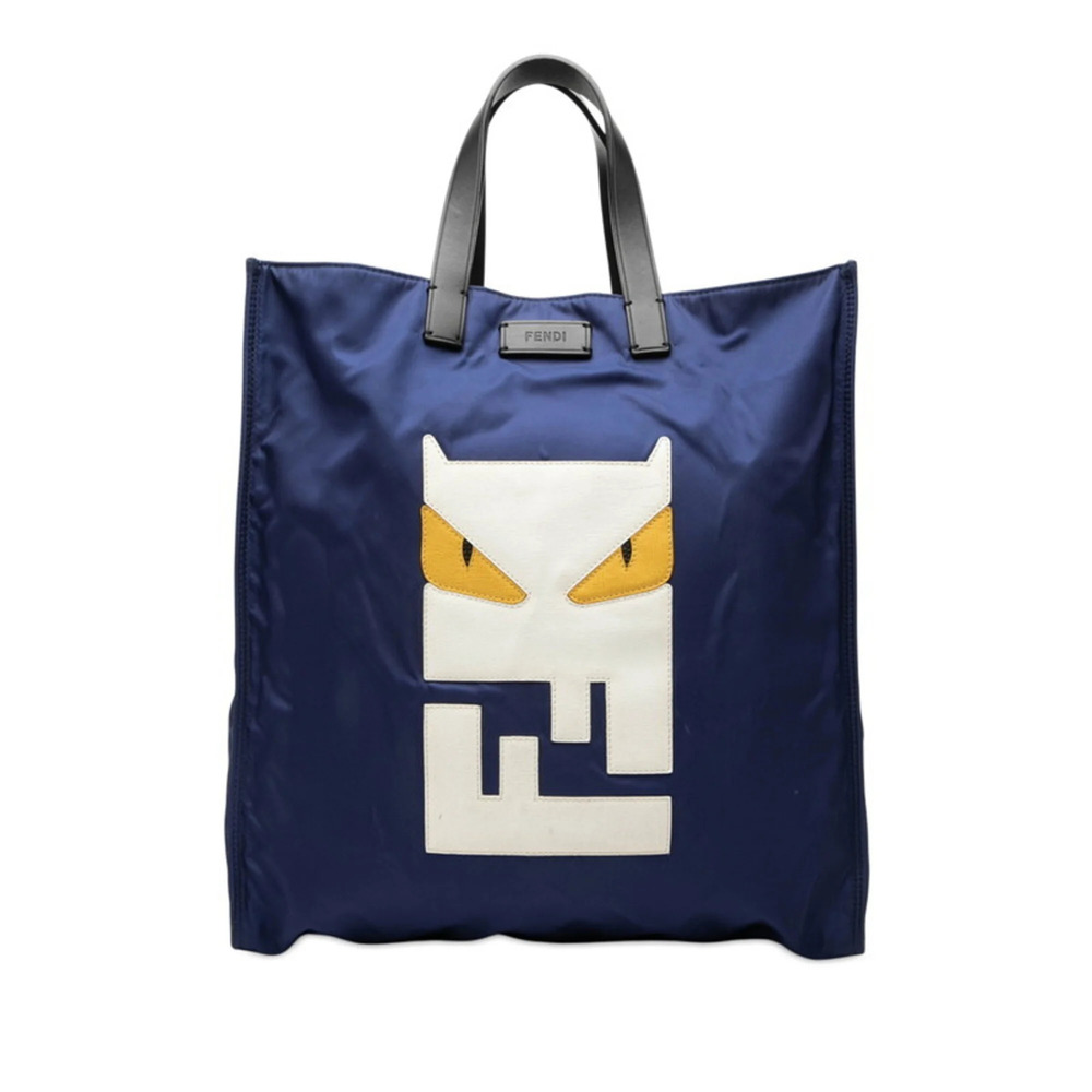 Fendi Bugs Monster FF Logo Tote Bag Handbag 7VA245 Navy Nylon Leather Women's...
